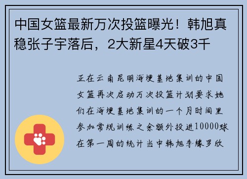 中国女篮最新万次投篮曝光！韩旭真稳张子宇落后，2大新星4天破3千
